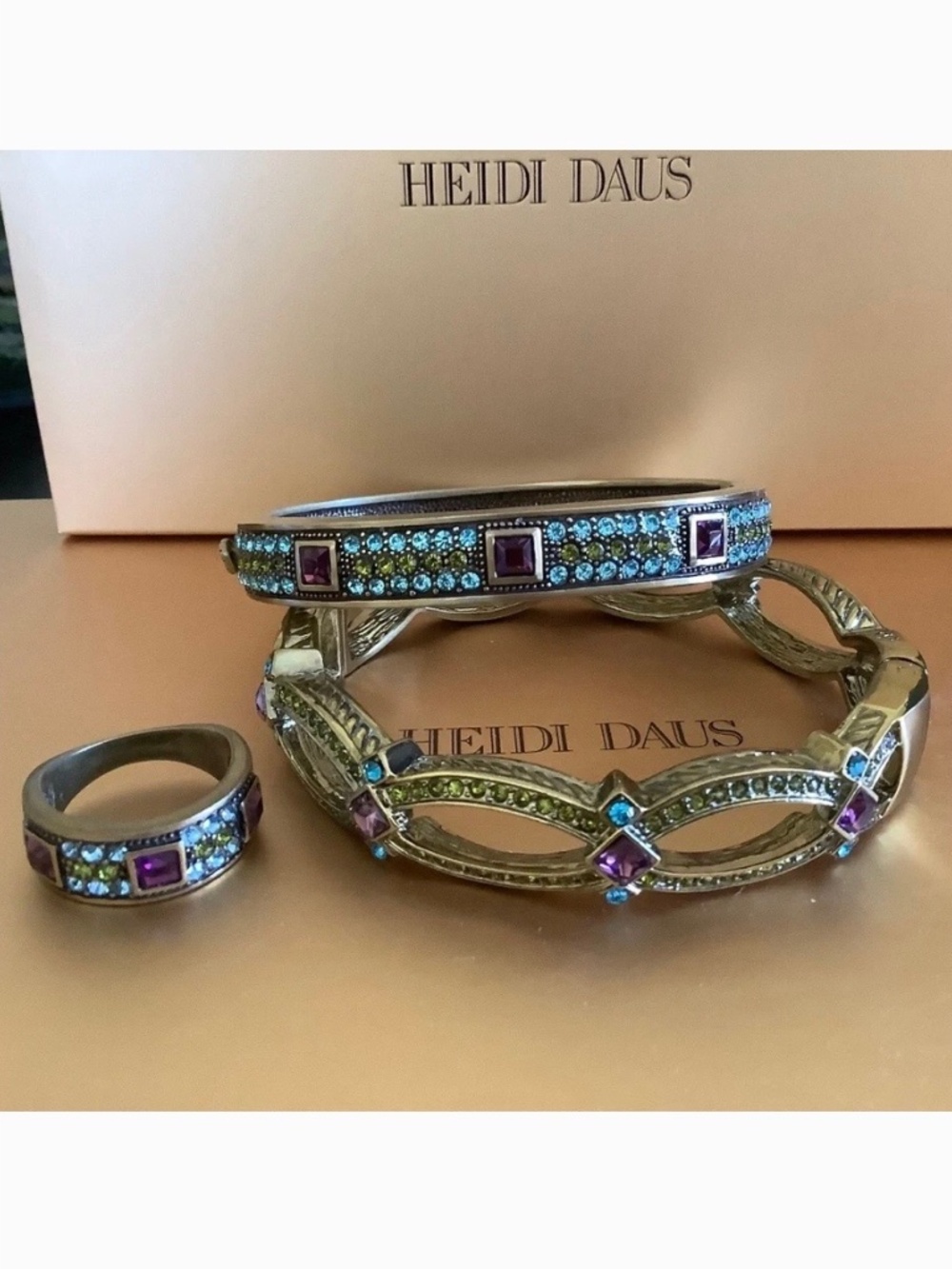 Heidi Daus Set Crystal Bangle Bracelets With Matching Ring Multi SZ M SZ 8